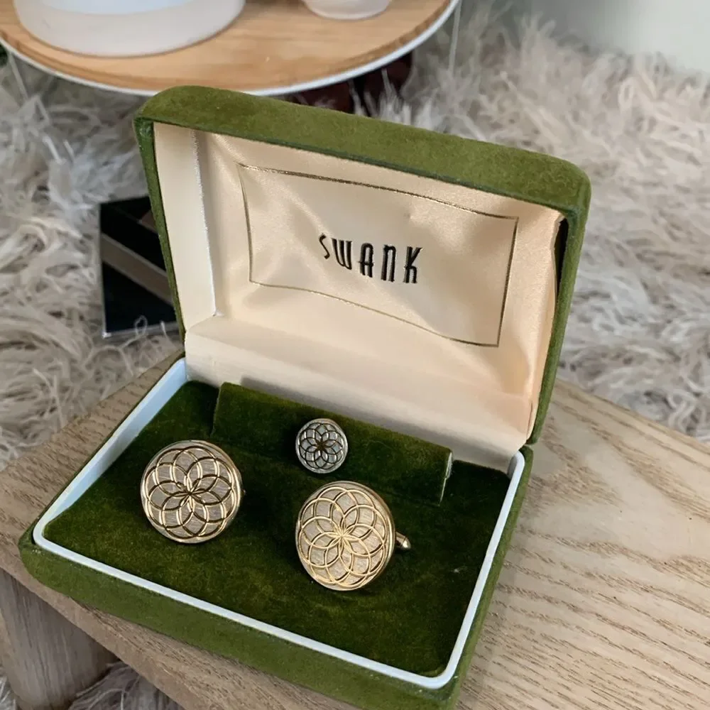 Vintage Swank Gold Tone Geometric Cuff Links & Tie Tack With Original Box